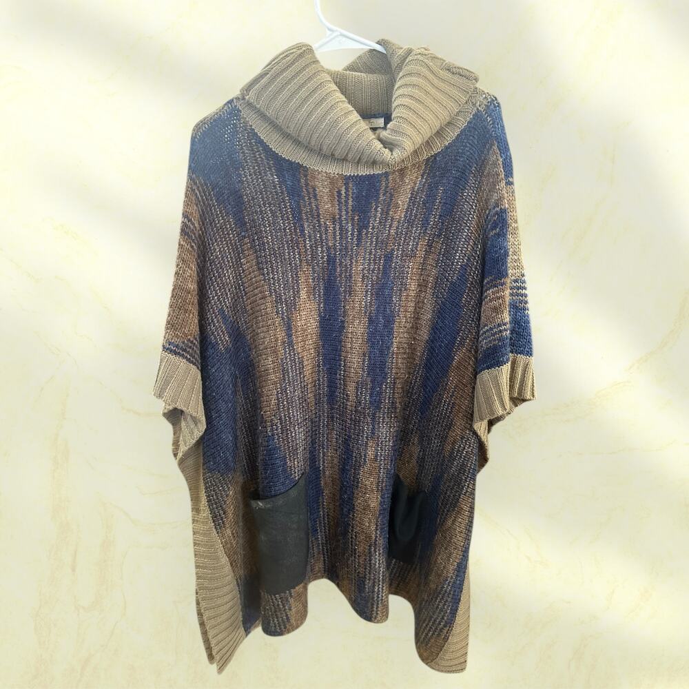Ryu Cowl Neck Knit Poncho Sweater Women’s Small Brown Blue Boho Oversized